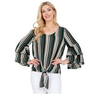 NEW Multi-Colored Tie Front Ruffled Long Sleeve Top